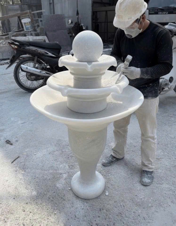 Thủy luân nước 3 tầng bằng đá trắng nguyên khối cao 1m T372