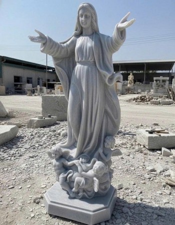 Tượng Đức Mẹ và thiên thần đang ban phúc lành bằng đá trắng nguyên khối, cao 2m T388