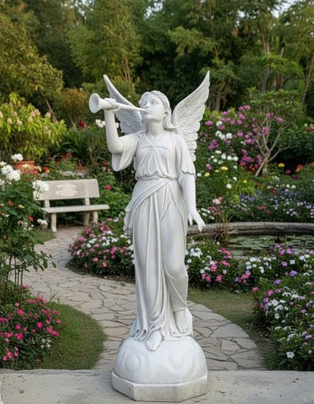 Tượng thiên thần thổi loa đá trắng nguyên khối cao 1m7  T328