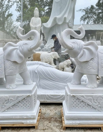 Cặp voi điêu khắc đá trắng cao 1m1 dài 1m3  T325