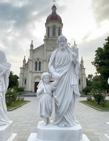 Tượng thánh giuse dắt chúa đá trắng nguyên khối cao 1m7 T323