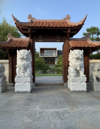 Cặp kỳ lân đá trắng nguyên khối tự nhiên cao 1m5 T332