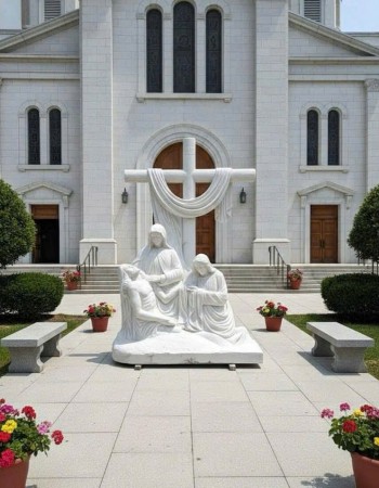 Tượng Đức Mẹ sầu bi bên thánh giá điêu khắc bằng đá trắng, cao 2.5m T380