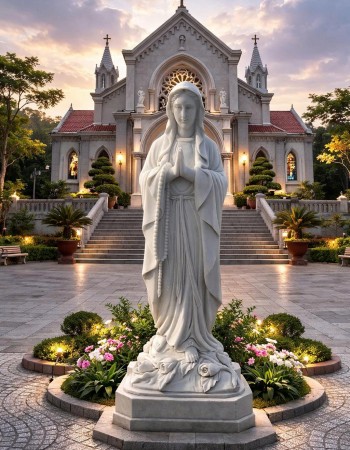 Tượng Đức Mẹ Maria bằng đá trắng nguyên khối cao 1.1m T390