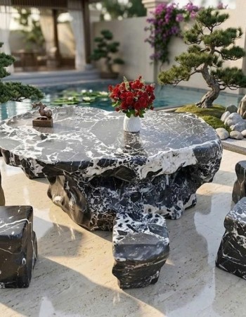 Bộ bàn ghế đá cẩm vân nguyên khối gồm 6 đôn, đk 1.58m T394