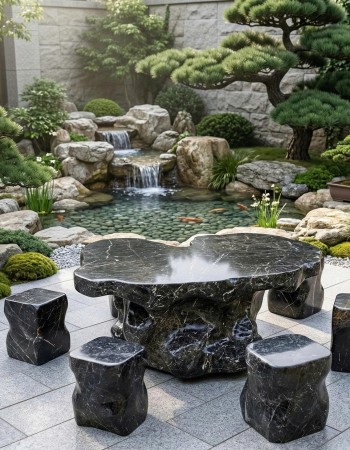 Bộ bàn ghế đá cẩm vân gồm 1 bàn và 6 đôn, dk 1.5m T395