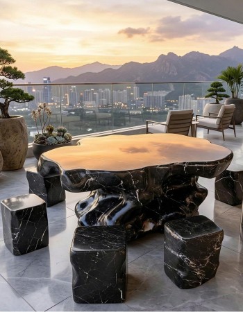 Bộ bàn ghế đá cẩm vân gồm 1 bàn và 6 ghế đôn với kích thước 1.56m T396