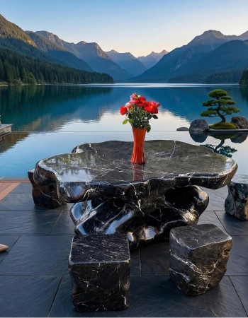 Bộ bàn ghế đá cẩm vân nguyên khối gồm 1 bàn và 6 đôn ghế  T397