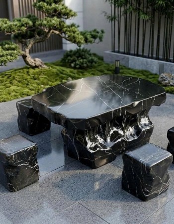 Bàn Ghế Đá Cẩm Vân Tự Nhiên Nguyên Khối Cao Cấp Kích Thước 1m20 – Bàn Đá Vân Đen Nghệ Thuật Cho Sân Vườn T400