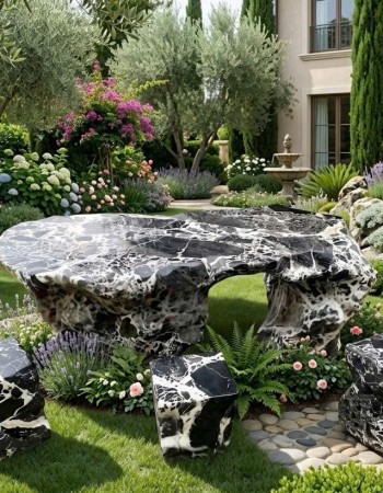 Bộ bàn ghế đá cẩm vân tự nhiên gồm 1 bàn và 6 đôn, kích thước 1.76x80x65 T421