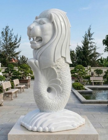 Tượng Sư tử biển bằng đá trắng tự nhiên nguyên khối 170cm x 95cm x 70cm T509