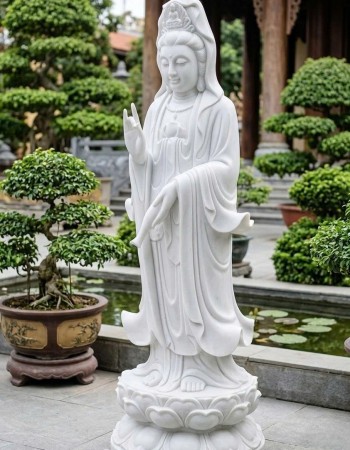 Tượng Phật Bà Quan Âm bằng đá trắng tự nhiên nguyên khối Cao 145cm x 50cm x 50cm T510