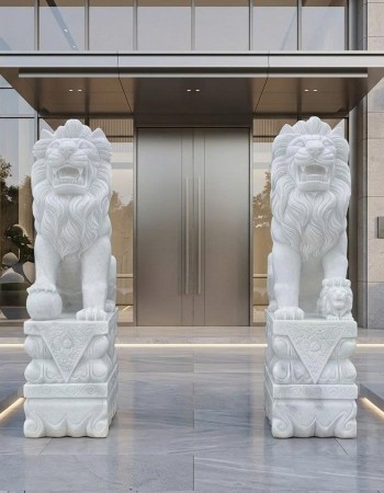 Cặp tượng Sư Tử đá hộ vệ đại sảnh bằng đá trắng tự nhiên nguyên khối, cao 125cm T518