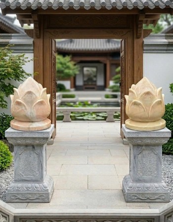 Cặp Búp Sen Đào bằng đá cà rốt tự nhiên nguyên khối, cao 30cm  T531