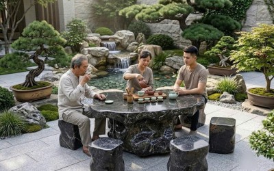 Hướng Dẫn Bài Trí Bộ Bàn Đá Nguyên Khối Chuẩn Phong Thủy Cho Sân Vườn