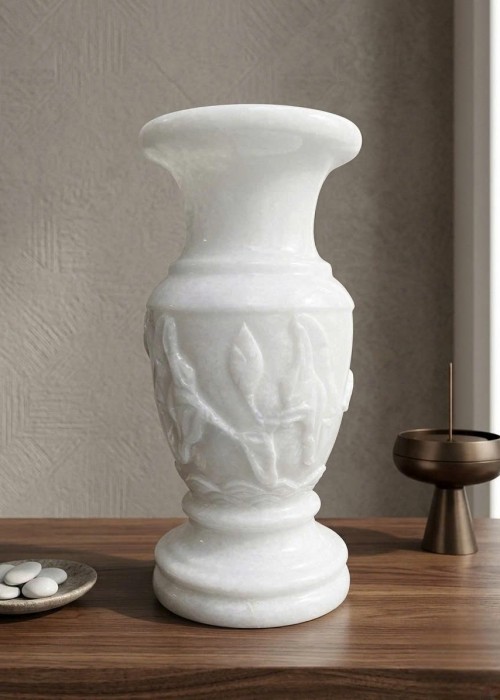 Lọ Hoa Mộc Liên bằng đá trắng tự nhiên nguyên khối, cao 40cm T538