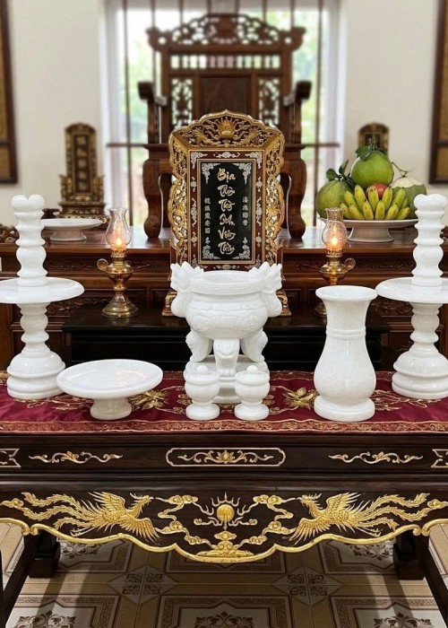 Bộ Đồ Thờ Cúng Gia Tiên bằng đá trắng tự nhiên nguyên khối T546