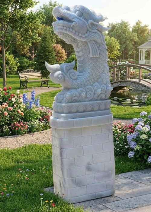 Tượng Cá Chép Hóa Rồng bằng đá trắng tự nhiên nguyên khối Tượng cao 1m1, Đế cao 90cm T542
