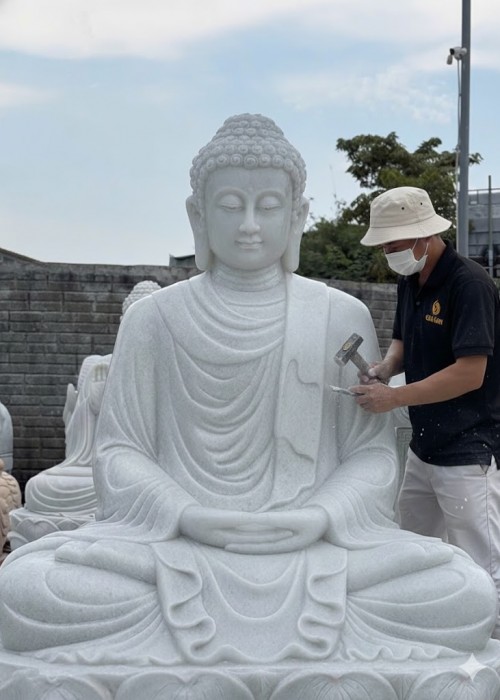 Tượng phật thích ca ngồi đá trắng nguyên khối  1.5m ngang 92cm sâu 60cm T269