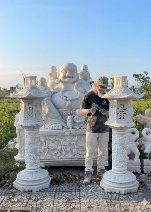 Cặp chân đèn đá trắng nguyên khối cao 1.5m, ngang mái 50cm, thân 37cm T150