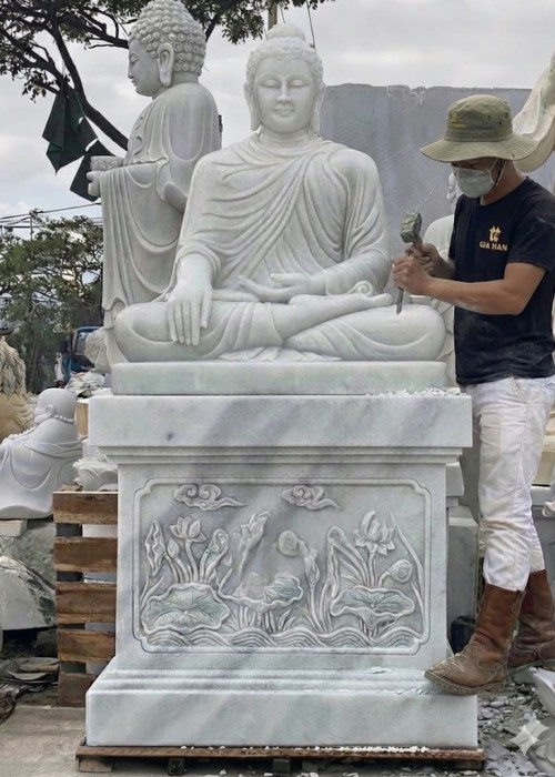 Tượng phật thích ca ngồi  đá trắng nguyên khối tượng cao 103cm x 81 x 52 (cm), đế cao 81cm x 85 x 55 (cm) T271