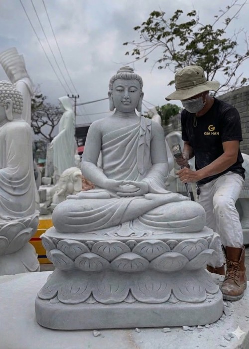 Tượng phật thích ca ngồi đá trắng nguyên khối  cao 95cm ngang 63m sâu 45cm T270