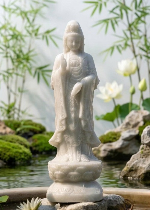 Tượng quan âm đá trắng nguyên khối cao 50cm T466