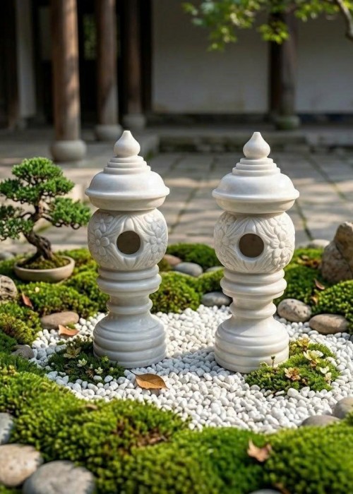Cặp chân đèn sân vườn bằng đá trắng tự nhiên nguyên khối, cao 30cm T499
