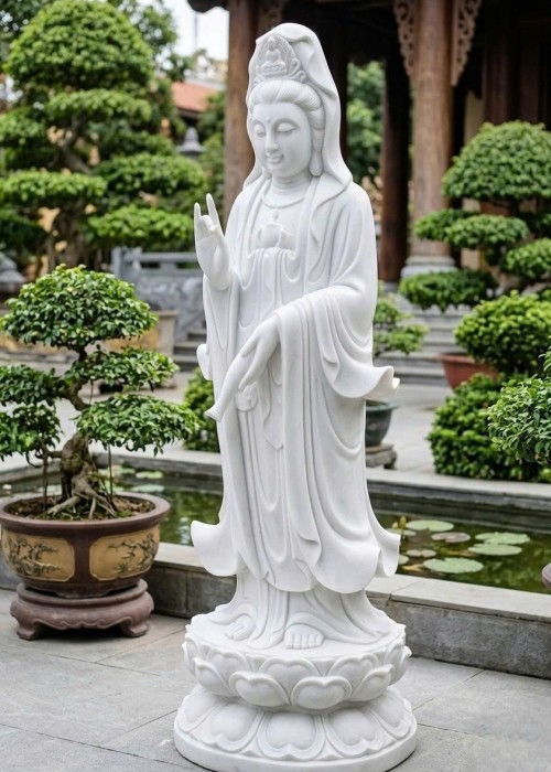 Tượng Phật Bà Quan Âm bằng đá trắng tự nhiên nguyên khối Cao 145cm x 50cm x 50cm T510