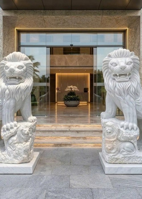 Cặp tượng Sư Tử Hộ Pháp bằng đá trắng tự nhiên nguyên khối, cao 171cm T525